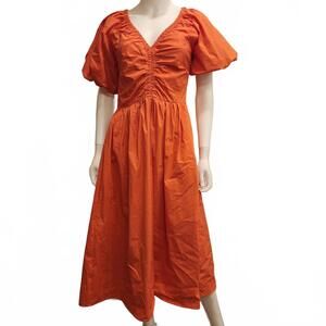 In the Beginning Orange rouched cotton ankle dress puff sleeve size M